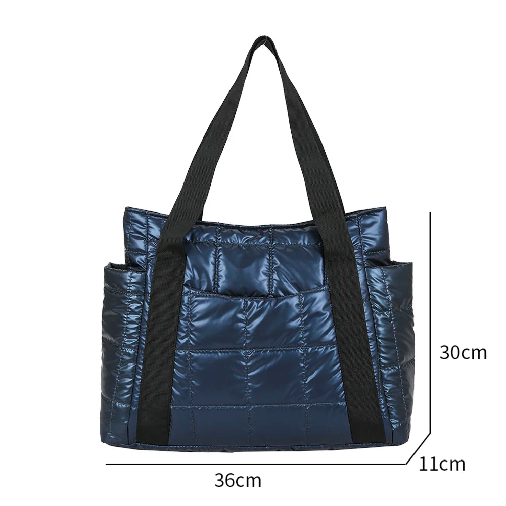 Women Quilted Lattice Shoulder Nylon Bag Solid Large Tote Handbags