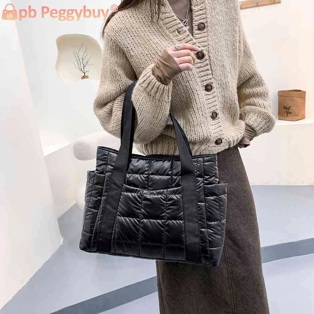 Women Quilted Lattice Shoulder Nylon Bag Solid Large Tote Handbags