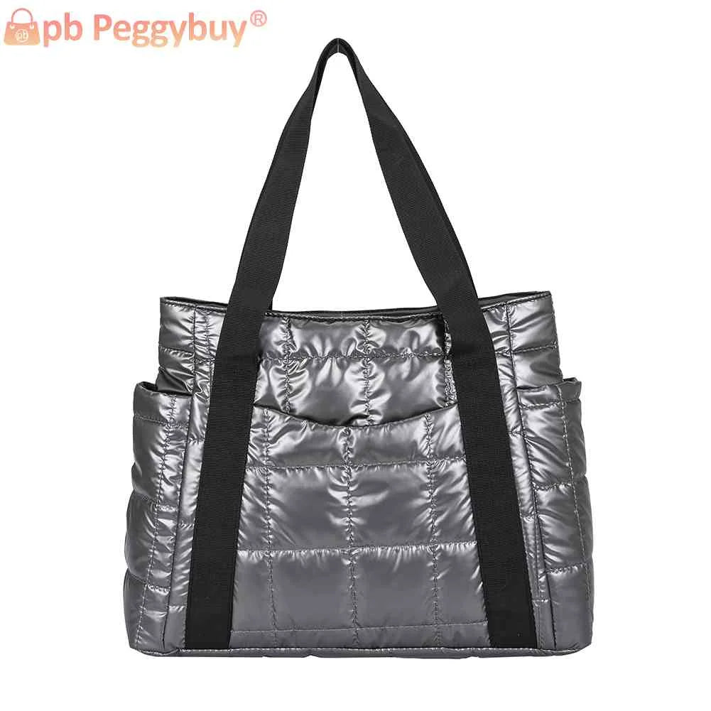 Women Quilted Lattice Shoulder Nylon Bag Solid Large Tote Handbags