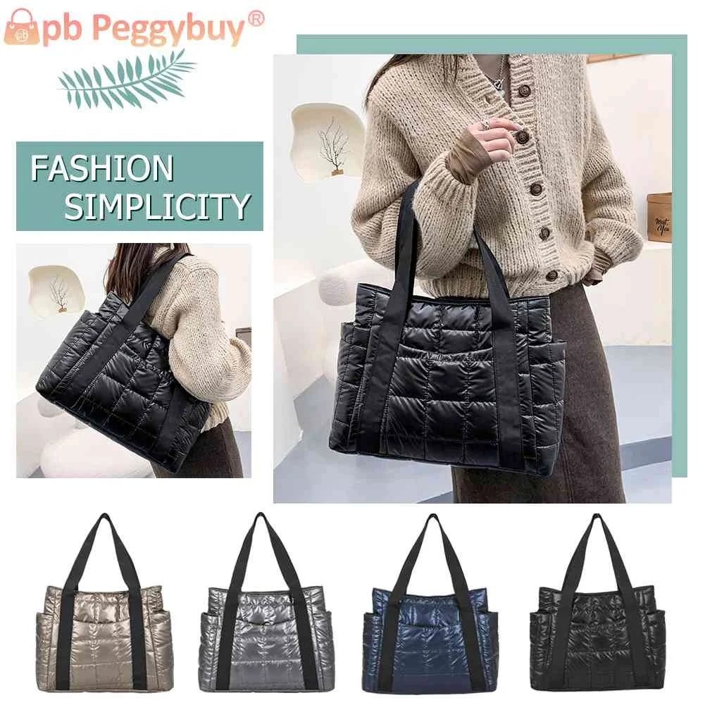 Women Quilted Lattice Shoulder Nylon Bag Solid Large Tote Handbags