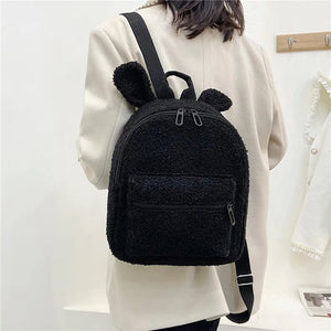 Women Rabbit Backpack Fluffy Plush School Bag With Bunny Ears Zipper-Open