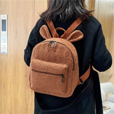 Women Rabbit Backpack Fluffy Plush School Bag With Bunny Ears Zipper-Open