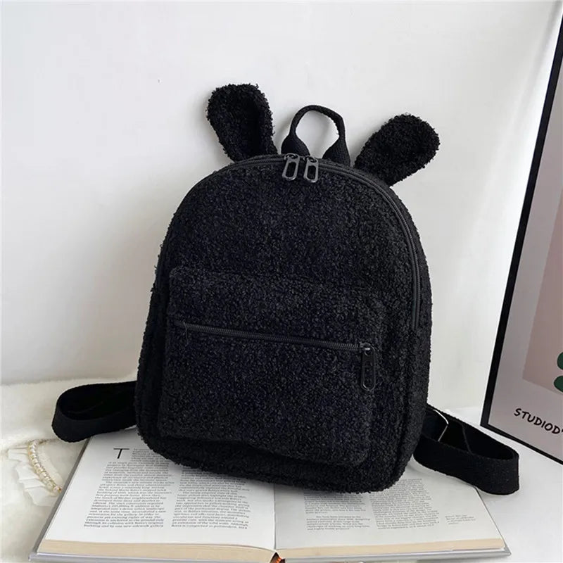 Women Rabbit Backpack Fluffy Plush School Bag With Bunny Ears Zipper-Open