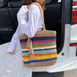 Rainbow Bohemian Straw Beach Bag High Capacity Tote
