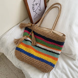 Rainbow Bohemian Straw Beach Bag High Capacity Tote