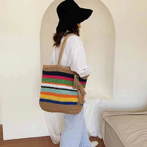 Rainbow Bohemian Straw Beach Bag High Capacity Tote