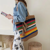 Rainbow Bohemian Straw Beach Bag High Capacity Tote