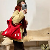 Women Reflective Letters Red Canvas Shoulder Bag Thick Cotton Cloth Handbag Tote