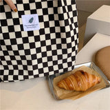 Women Retro Corduroy Shoulder Bag Checkerboard Pattern Canvas Handbags