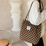 Women Retro Corduroy Shoulder Bag Checkerboard Pattern Canvas Handbags