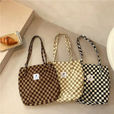 Women Retro Corduroy Shoulder Bag Checkerboard Pattern Canvas Handbags