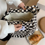 Women Retro Corduroy Shoulder Bag Checkerboard Pattern Canvas Handbags