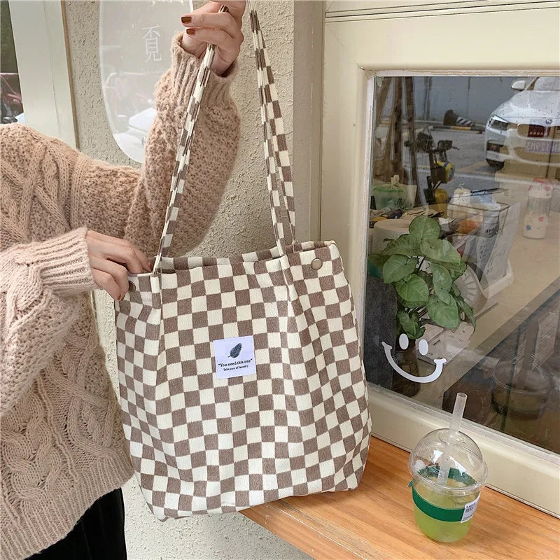 Women Retro Corduroy Shoulder Bag Checkerboard Pattern Canvas Handbags
