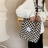 Women Retro Corduroy Shoulder Bag Checkerboard Pattern Canvas Handbags