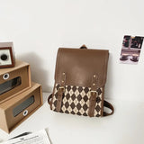 Women Retro Pu Plaid Backpack Large Capacity Student Magnetic Buckle School Bag