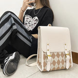 Women Retro Pu Plaid Backpack Large Capacity Student Magnetic Buckle School Bag