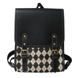 Women Retro Pu Plaid Backpack Large Capacity Student Magnetic Buckle School Bag