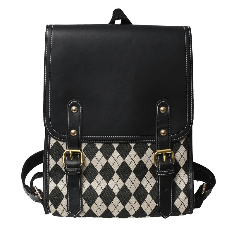 Women Retro Pu Plaid Backpack Large Capacity Student Magnetic Buckle School Bag