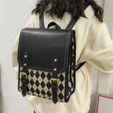 Women Retro Pu Plaid Backpack Large Capacity Student Magnetic Buckle School Bag