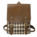Women Retro Pu Plaid Backpack Large Capacity Student Magnetic Buckle School Bag