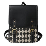 Women Retro Pu Plaid Backpack Large Capacity Student Magnetic Buckle School Bag