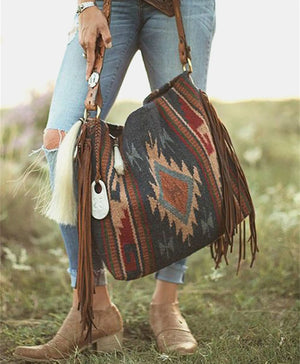 Geometric Print Retro Tassel Shoulder Bag