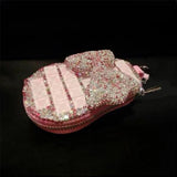 Women Rhinestone Bow Pattern Key Bag Diamonds Leather Key Holder Pink