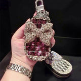 Women Rhinestone Bow Pattern Key Bag Diamonds Leather Key Holder Pink