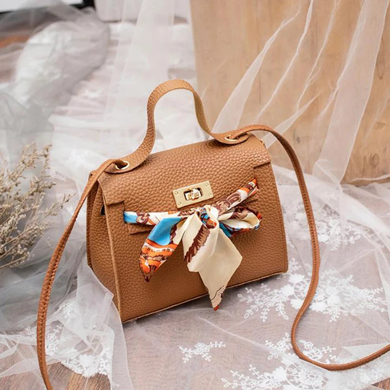 Women Ribbon Bow Mini Flap Hangbag Wallet Shoulder Bag Totes with Scarf
