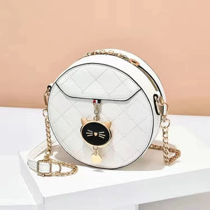 Women Round Shoulder Handbag Small Cat Decor Crossbody Bags Solid Color