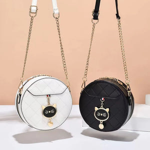 Women Round Shoulder Handbag Small Cat Decor Crossbody Bags Solid Color