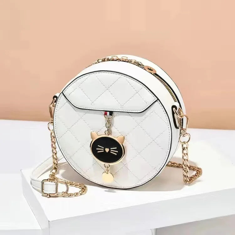 Women Round Shoulder Handbag Small Cat Decor Crossbody Bags Solid Color