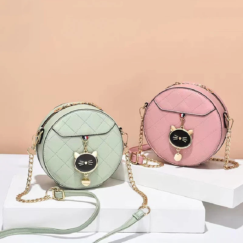 Women Round Shoulder Handbag Small Cat Decor Crossbody Bags Solid Color