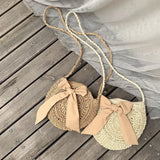 Women Round Straw Bag Beach Wind Bow Messenger Crossbody Bags