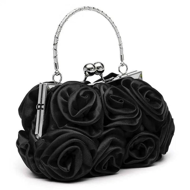 Satin Rose Handbag Evening Wedding Purse Flower Clutch Bag