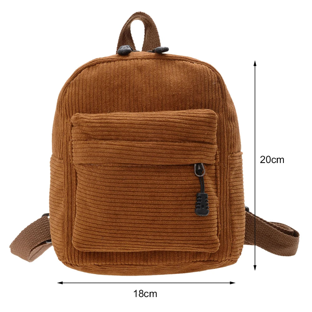 Women School Corduroy Solid Backpack Autumn Winter Small Rucksack
