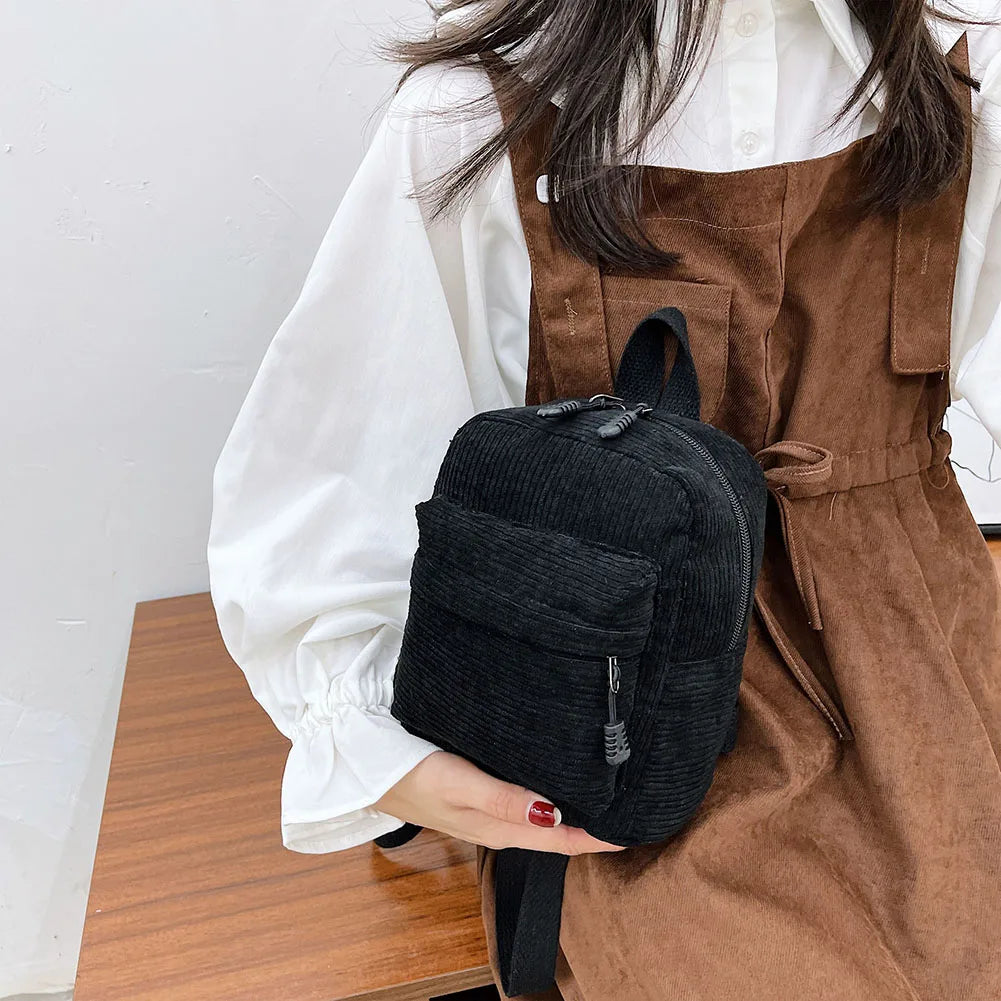 Women School Corduroy Solid Backpack Autumn Winter Small Rucksack