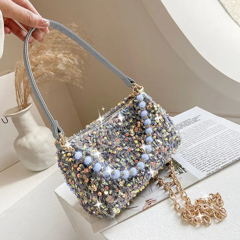 Women Sequins Shoulder Bag Zipper Handbag Cross Body Chains Flap Style