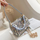 Women Sequins Shoulder Bag Zipper Handbag Cross Body Chains Flap Style