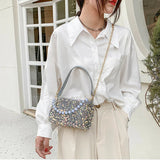 Women Sequins Shoulder Bag Zipper Handbag Cross Body Chains Flap Style