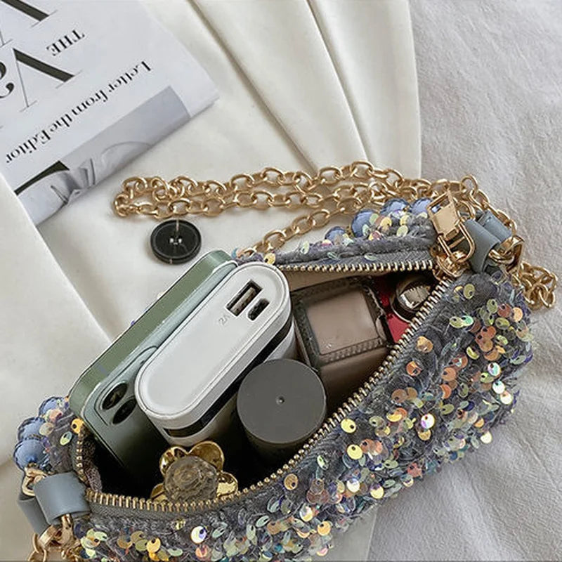 Women Sequins Shoulder Bag Zipper Handbag Cross Body Chains Flap Style