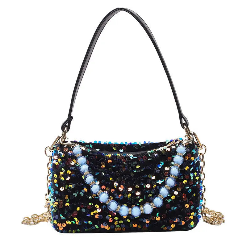 Women Sequins Shoulder Bag Zipper Handbag Cross Body Chains Flap Style