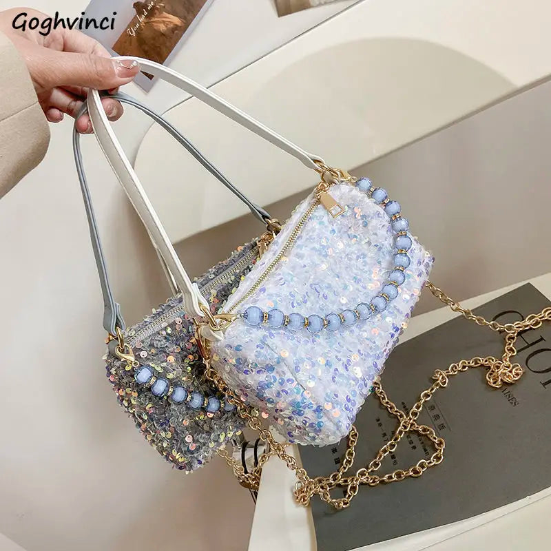Women Sequins Shoulder Bag Zipper Handbag Cross Body Chains Flap Style