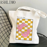 Checkerboard Graphics Canvas Shopper Bag Big Capacity Shoulder Bag