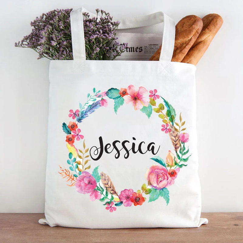 Floral Wreath Name Flower Initial Shopper Bag Tote Lady Handbag