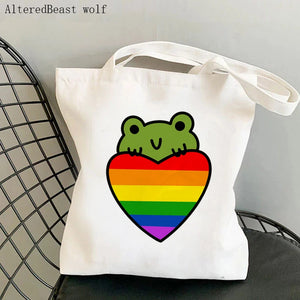 Rainbow Pride Flag Frog LGBT Bag Harajuku Shopping Canvas Shopper Bag