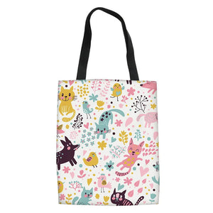 Cartoon Dog Cat Fish Print Canvas Tote Bag