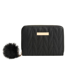 Embroidered Short Wallet with Wool Ball Decoration