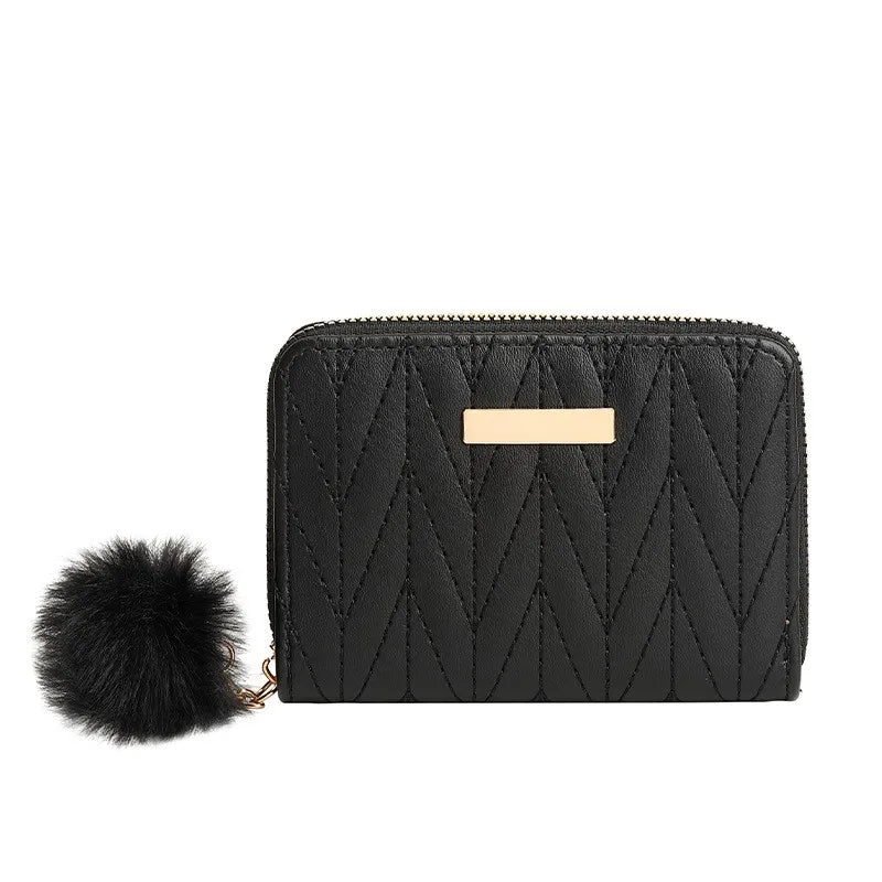 Embroidered Short Wallet with Wool Ball Decoration