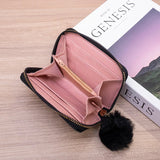 Embroidered Short Wallet with Wool Ball Decoration